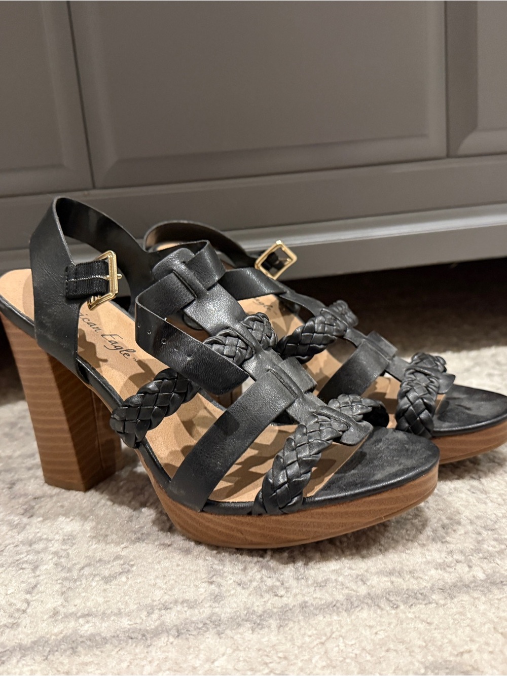 American Eagle by Payless Black Braided Platform Heeled Sandals